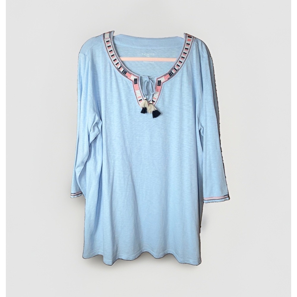 Talbots Embroidered Split Neck Tunic Top Size 2X Tassel Tie 3/4 Sleeve Blue